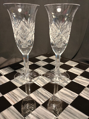 2 Elaborately Cut Fine Crystal Champagne Flutes Wine Glasses (1 Imperfect)