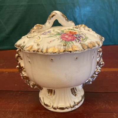 Vintage Ceramic Ginger/Candy Jar Vase With Lid Floral Design Gold Trim Numbered