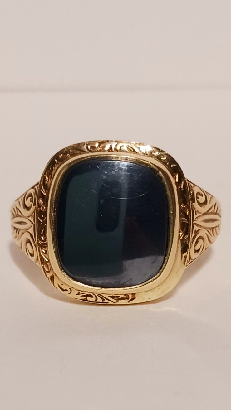 Antique Mens Victorian Hematite 14K Gold Ring Gem