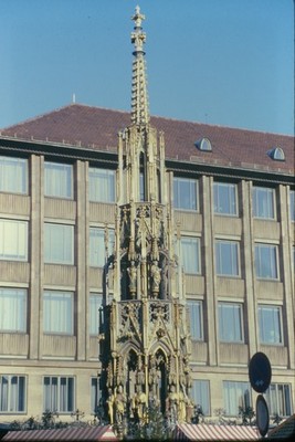 c1960's Ektachrome 35mm Slide Schöner Brunnen Fountain Nuremberg Germany Roof