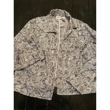 Chicos Paisley Jacquard Jacket Blazer Women Size 2 Gray Silver Open Front