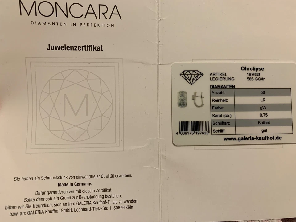 Original MONCARA Ohrringe 585 Gold mit 0,75 Carat Brillanten,