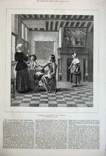 Original Old Antique Print 1877 Interior Dutch House People Table Hooge Holland