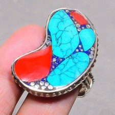 Tibetan Turquoise Red Coral Handmade Boho Nepali Jewelry Adjustable Ring SR 3396