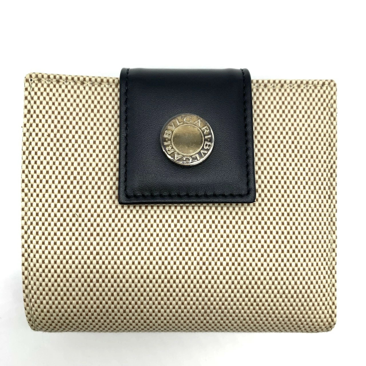 Bvlgari Bifold Wallet Men Canvas Leather Logo Button