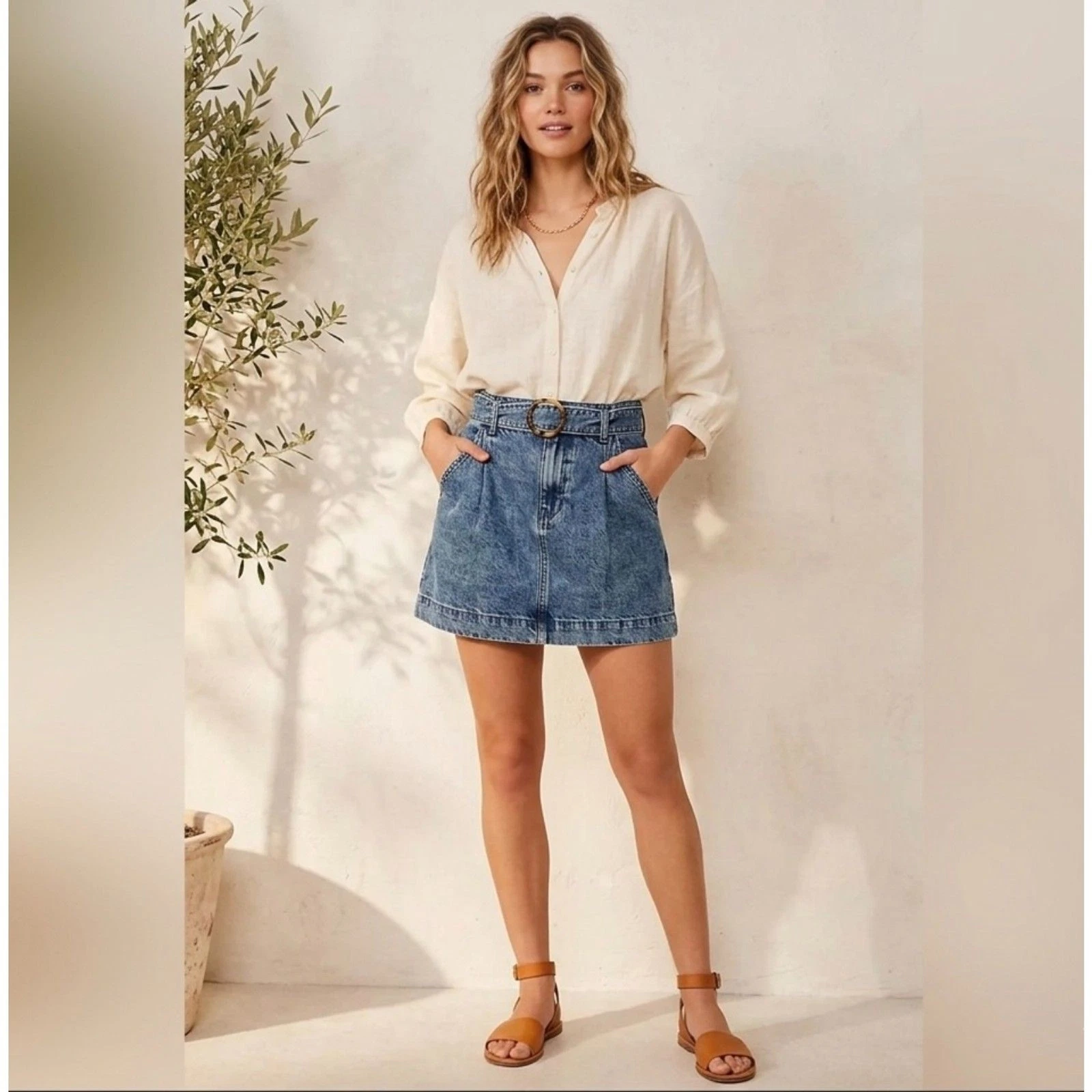We The Free People Jade Belted Denim Skirt Size 25 Blue Indie Fashion Boho