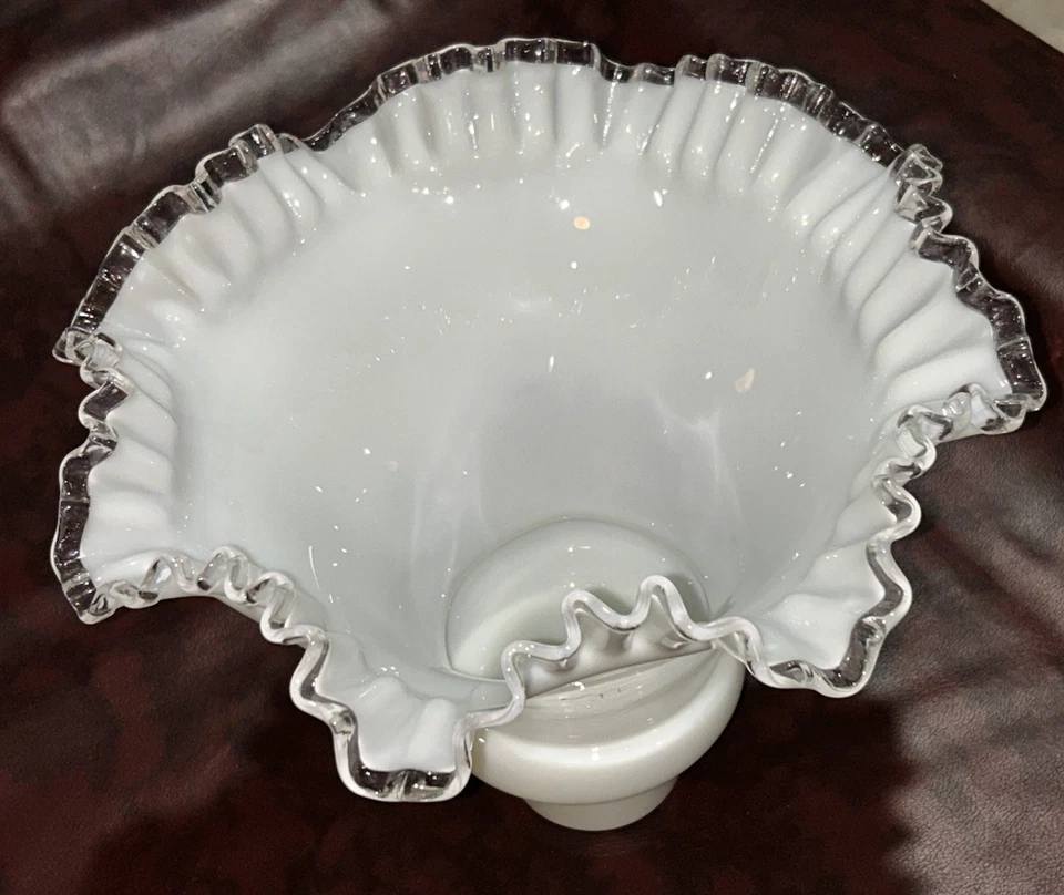 Fenton Art Glass Milk Glass Silver Crest  Ruffles/Crimped Touchier Lamp Shade - Image 4 of 4