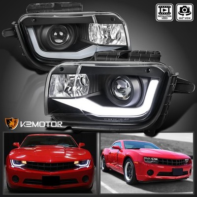 Black Fits 2010-2013 Chevy Camaro Projector Headlights LED Tube Lamps Left+Right