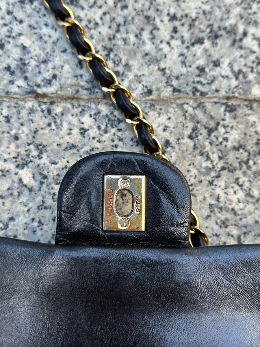Vintage 90s Chanel Classic Flap Bag Black Quilted Leather CC Chain