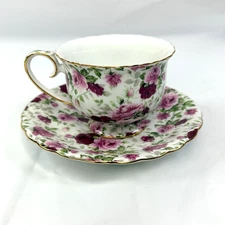 VTG Floral Teacup And Saucer Set Roses White Ceramic Porcelain 5.5''