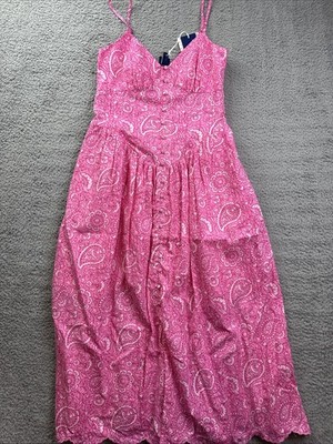 Roller Rabbit Dress Womens XS Pink Paisley Floral Sweetheart Smocked Sundress