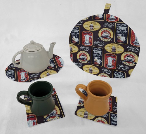 Acogedor juego de tetera y posavasos con tema de café - Imagen 2 de 9