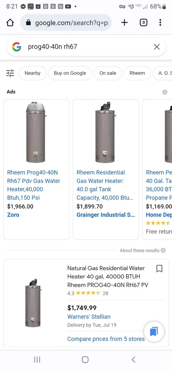 RHEEM PROFESSIONAL Natural Gas Residential Gas Water Heater, 40 gal, 40,000  BtuH | eBay
