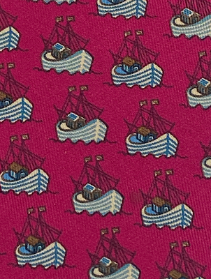 Cravate HERMÈS Vintage Motif Bateau - Réf. 7335EA, 100% Soie, Occasion