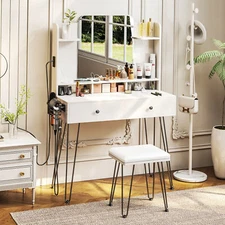 TC-HOMENY Makeup Vanity Table Set with Power Port & Vanity Stool Dressing Table