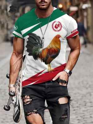 Camisetas Gallo Mexicano Rojo Verde Blanco México Manga Corta Hombres Moda Suave