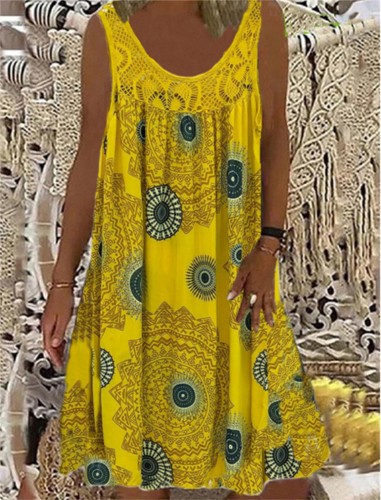 Womens Sleeveless Retro PRINT Summer Baggy Kaftan Lace Loose Top Dress Plus Size - Picture 14 of 25