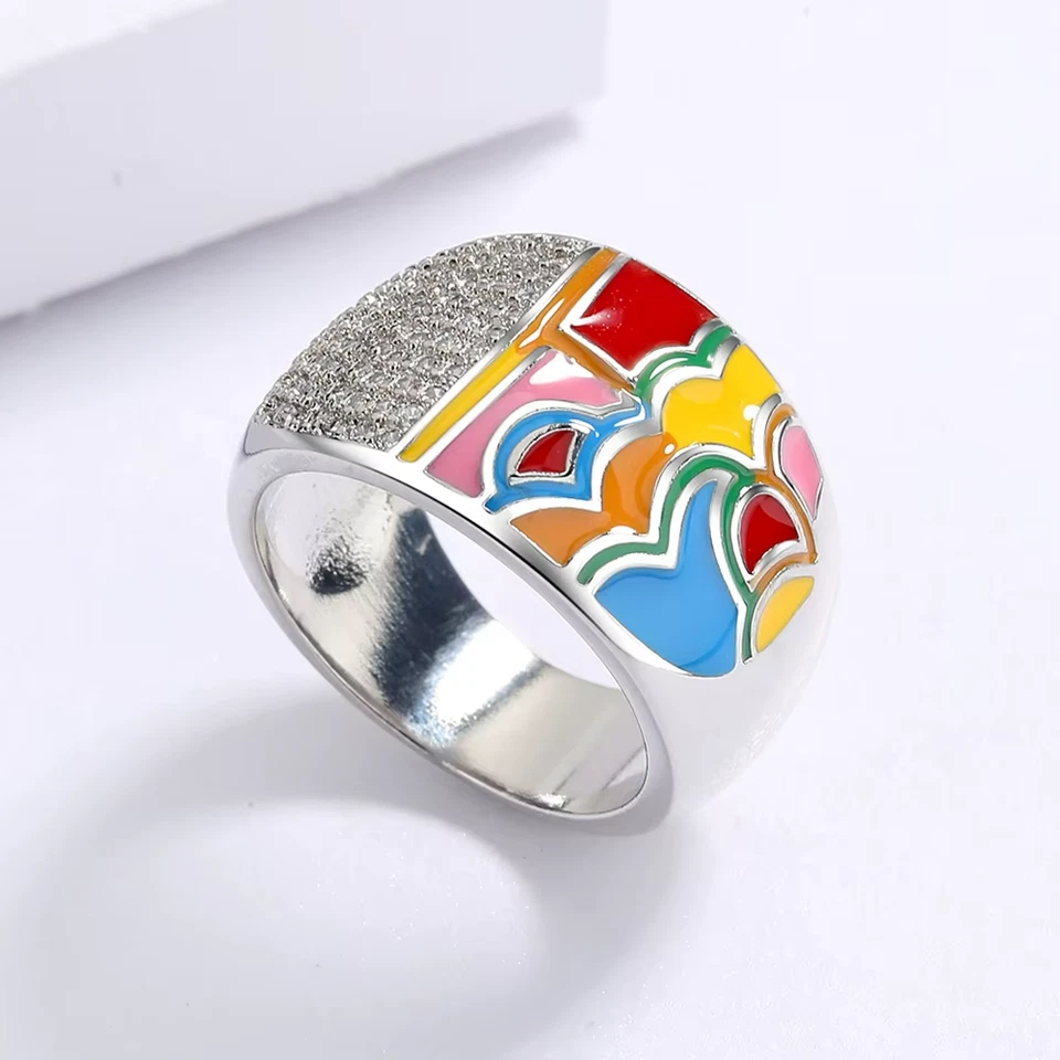 Anillo de plata de ley 925 esmalte multicolor circonita cúbica banda ancha talla 6-10 Foto 2 de 4