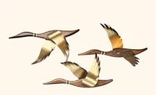 Vintage 1960s Classic MCM Masketeers Wood & Brass Flying Ducks Geese Wall Décor