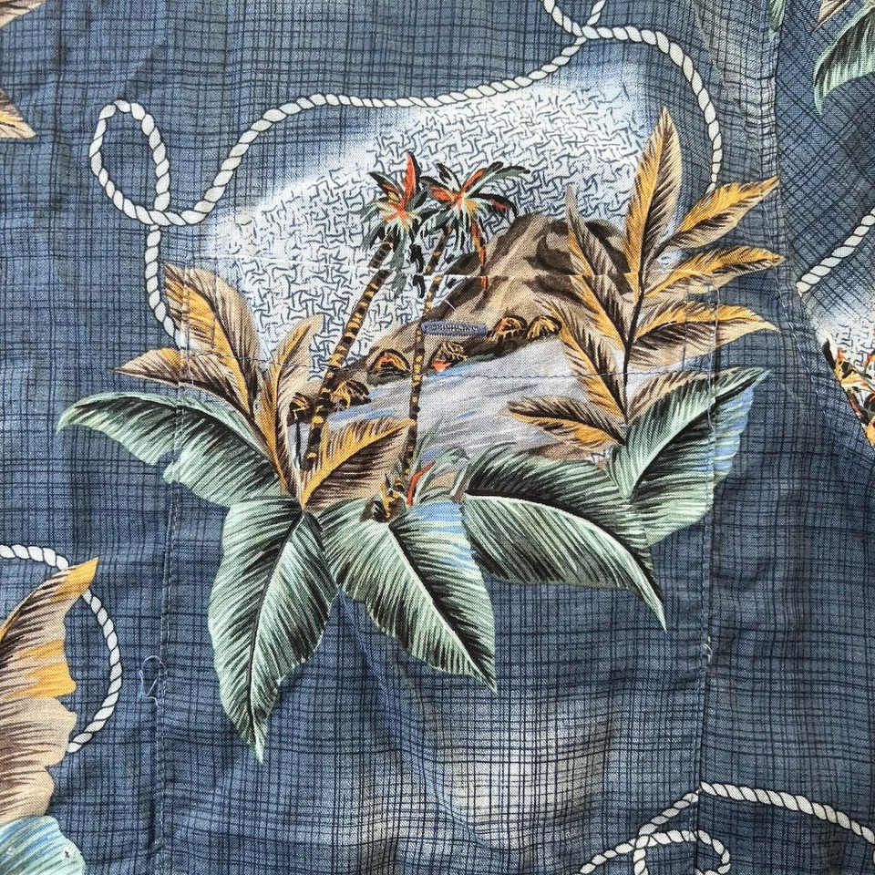 Batik Bay Aloha Hawaiian Shirt Large Blue Tiki Hut Palm Trees Leaves
