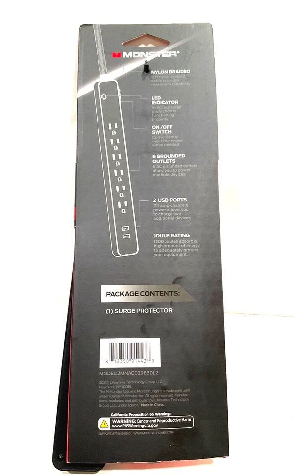 MONSTER SURGE PROTECTOR 6 GROUNDED OUTLET and 2 USB ports 1200 J 6 FT EXT cord - Image 2 of 2