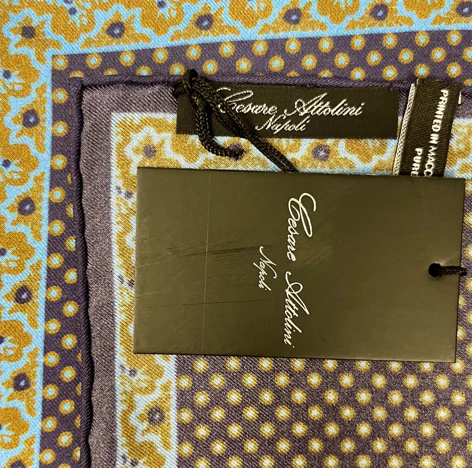 Nuevo Cuadrado de Bolsillo CESARE ATTOLINI NAPOLI Azul Marrón Punto Estampado Seda Foto 2 de 2