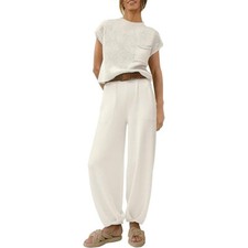 Women 2 Piece Outfit Sleeveless Knit Pullover High Waisted Sweatpants Tracksuit
