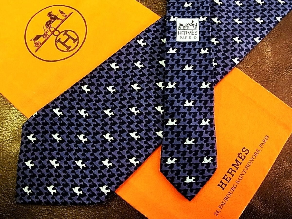Hermès ネクタイ HERMES Neck tie Silk Navy Blue Logo japan seller N1219 31 Made in