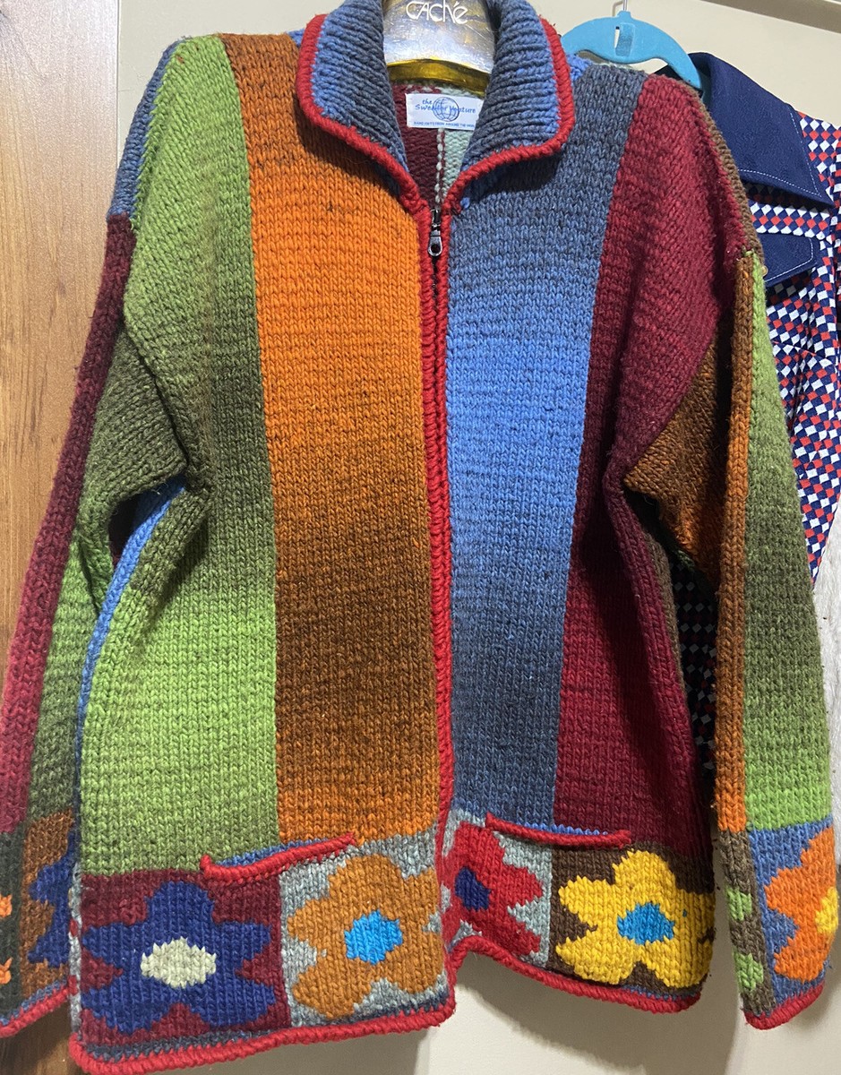 Vintage Flower Power wool cardigan sweater Made In Ecuador Womens 