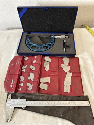 Lot of Vintage Tools: Starrett Radius Gage Set, Mitutoyo Caliper, H&H Micrometer