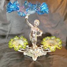 Antique Epergne Silver Plate Centerpiece Statue w/3 Art Glass Berry Bowls 15.5"H