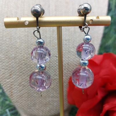 Awesome Drop Double Ball Earrings Clip On Iridescent Purple