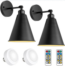 NEW Battery Operated Wall Sconce Set of 2 Wireless LED Wall Light w/Remote Black