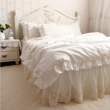 Luxury Embroidery Ivory Ruffle Lace Cotton Duvet Cover Bedding Set Bed Skirt