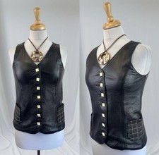 Vintage Black Leather Vest Western Chic Retro Statement Pockets Edgy Rodeo Small