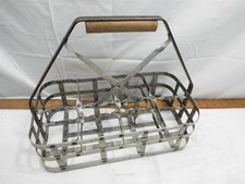 Vintage Aluminum Dairy Milk 8 Bottle Carrier Crate Wood Handle Metal Farm Tote