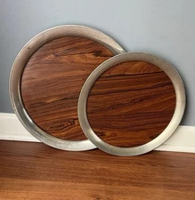 Vintage Kirk Stieff Pewter Tray Faux Wood Cocktail Serving Set 2 MCM 12’ & 14’