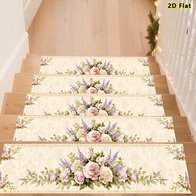 Retro Floral Patterned Stair Mats, Non-Slip Stair Carpets, Protective Step Car