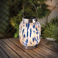 Glass Art Solar Powered Lantern Blue & White Stunning Garden Hanging Lantern