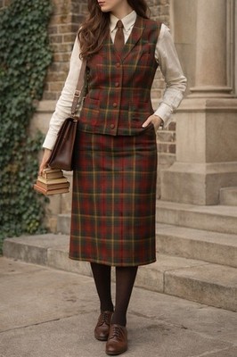 Vintage 70s Homemade Plaid 2 Piece Skirt Vest  Career Suit Academia Size 6-8