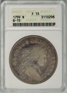 1799  ANACS F15  DRAPED  BUST  DOLLAR  ~ Nice Coin!  ~  #3110298