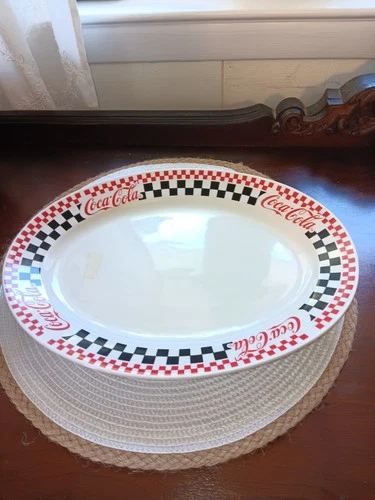 Vintage 1996 Gibson Coca-Cola White Checkered Ceramic Dinner Serving Platter
