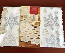New Saint Nicholas Square snowflake cutout table runner blue  silver snowflakes