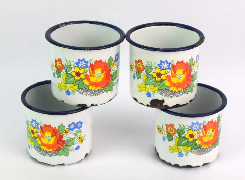 Set OF 4 Vintage Retro Tea Cup Orange Flower Pattern Enamel Work. i14-38 - Image 2 of 4