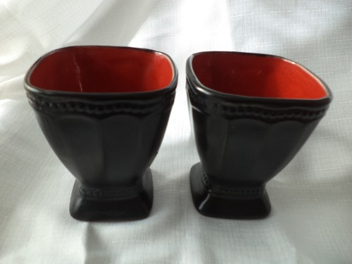 BLACK Large COFFEE Pedestal MUGS RED GLAZED INSIDE unique - Picture 2 of 10