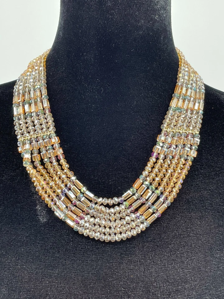 Vintage Womens Gold Tone Multi Strand Amber Gray Glass Bead Collar Necklace - Image 4 of 4