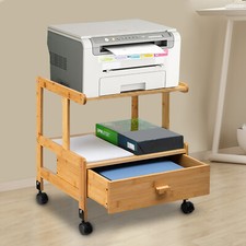 2-Tiers Wood Storage Cart With Wheels Drawer Office Printer Stand Printer Cart