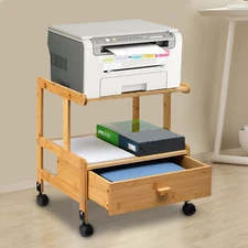 2-Tiers Wood Storage Cart With Wheels Drawer Office Printer Stand Printer Cart