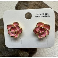 Pink Rose Enamel Flower Stud Pierced Earrings Silver 925 Fine Jewelry