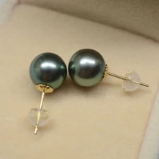 AAA+ 11-12MM round real NATURAL Tahitian Black PEARL stud EARRINGS 18K Gold